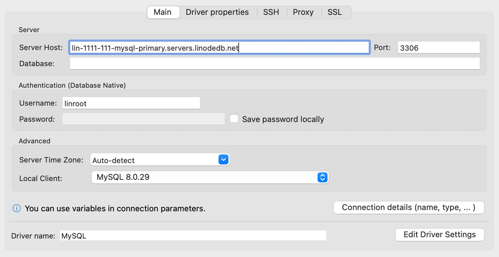 Screenshot of DBeaver&rsquo;s MySQL connection settings.