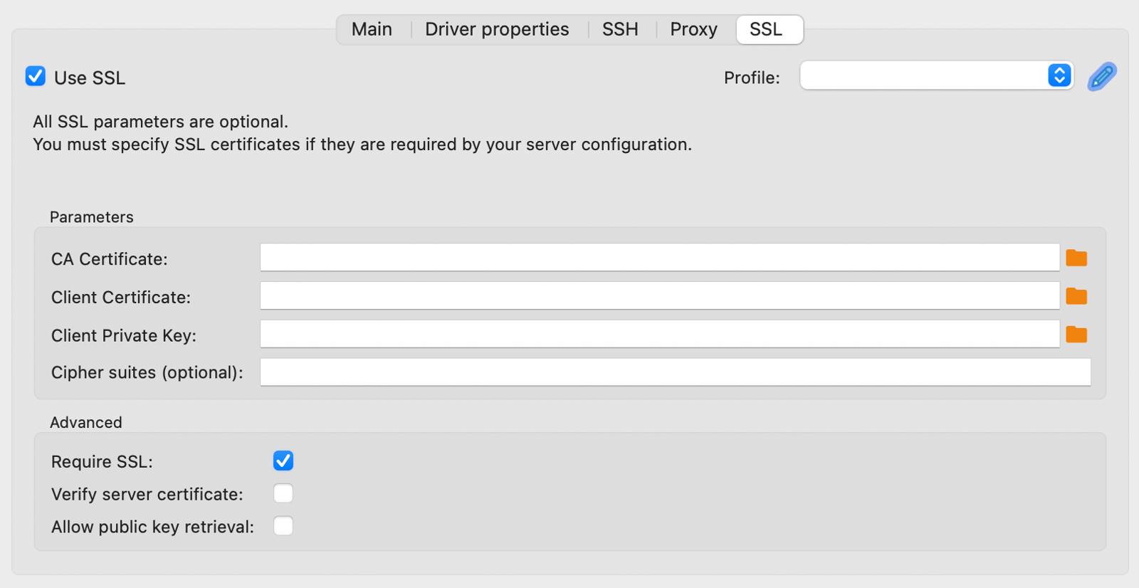 Screenshot of DBeaver&rsquo;s MySQL SSL connection settings.