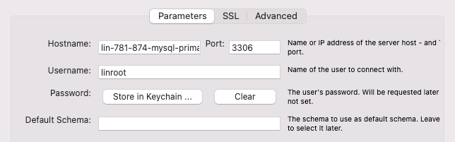 The Parameters tab in MySQL Workbench