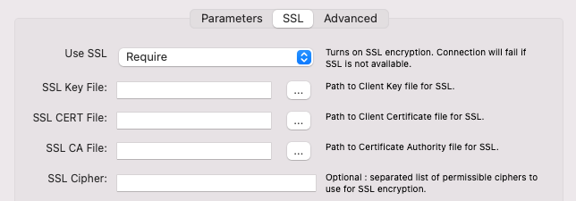 The SSL tab in MySQL Workbench