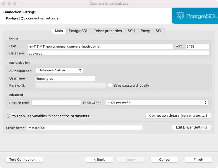 Screenshot of the DBeaver PostgreSQL connection details window