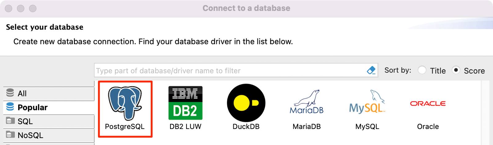 Screenshot of the DBeaver database selection screen with MySQL highlighted