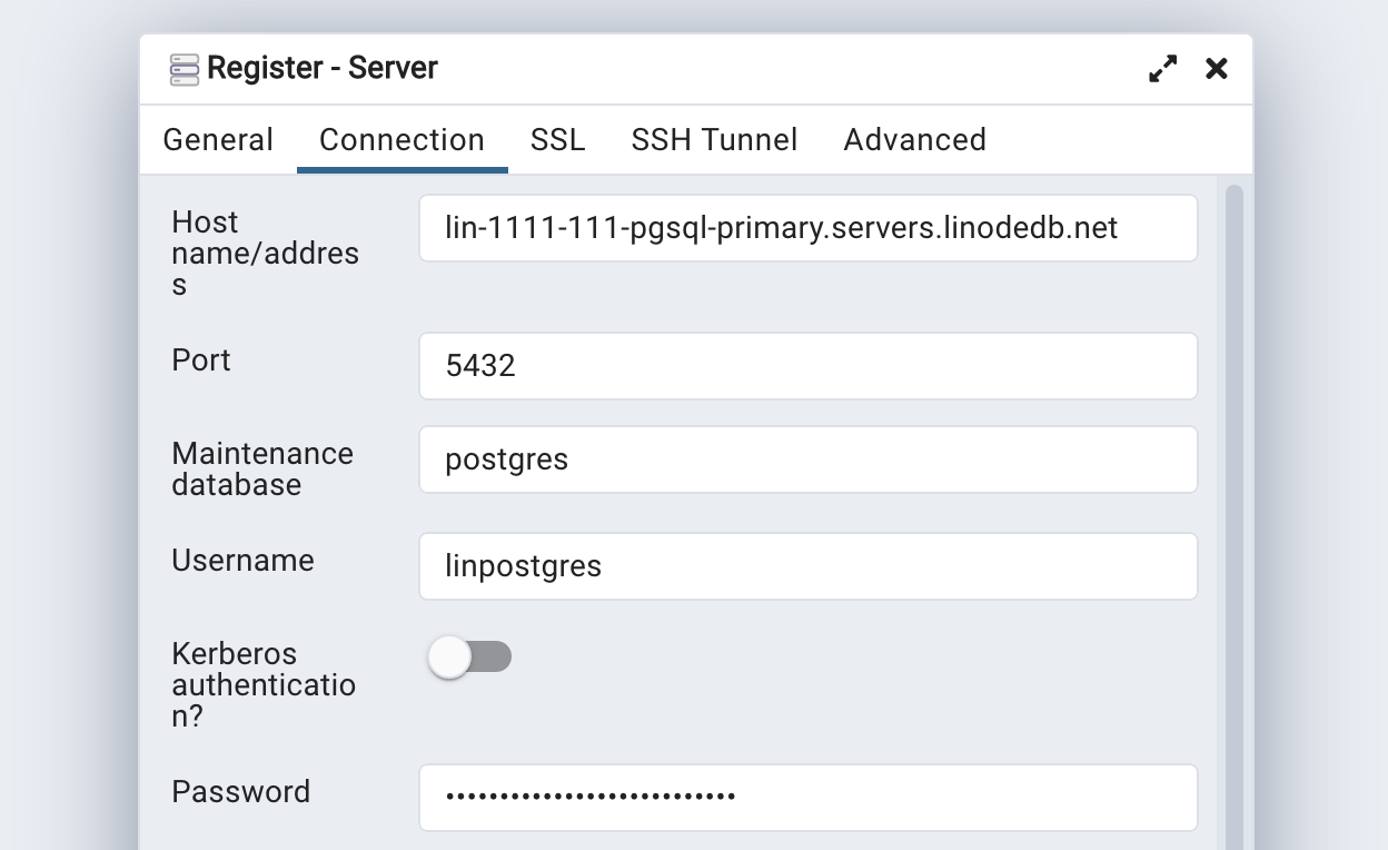 Screenshot of the Connection tab within the Register Server form
