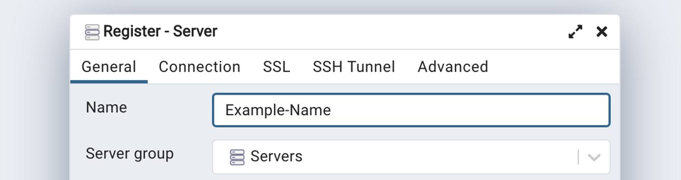 Screenshot of the General tab within the Register Server form
