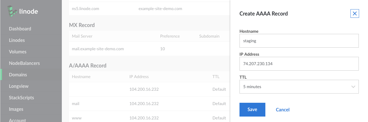 Create a new A record, following the instructions in the &ldquo;Adding&rdquo; section. Add the subdomain text to the &ldquo;Hostname&rdquo; field. For example, you could type &ldquo;staging&rdquo; - NOT &ldquo;staging.example-site-demo.com&rdquo;.