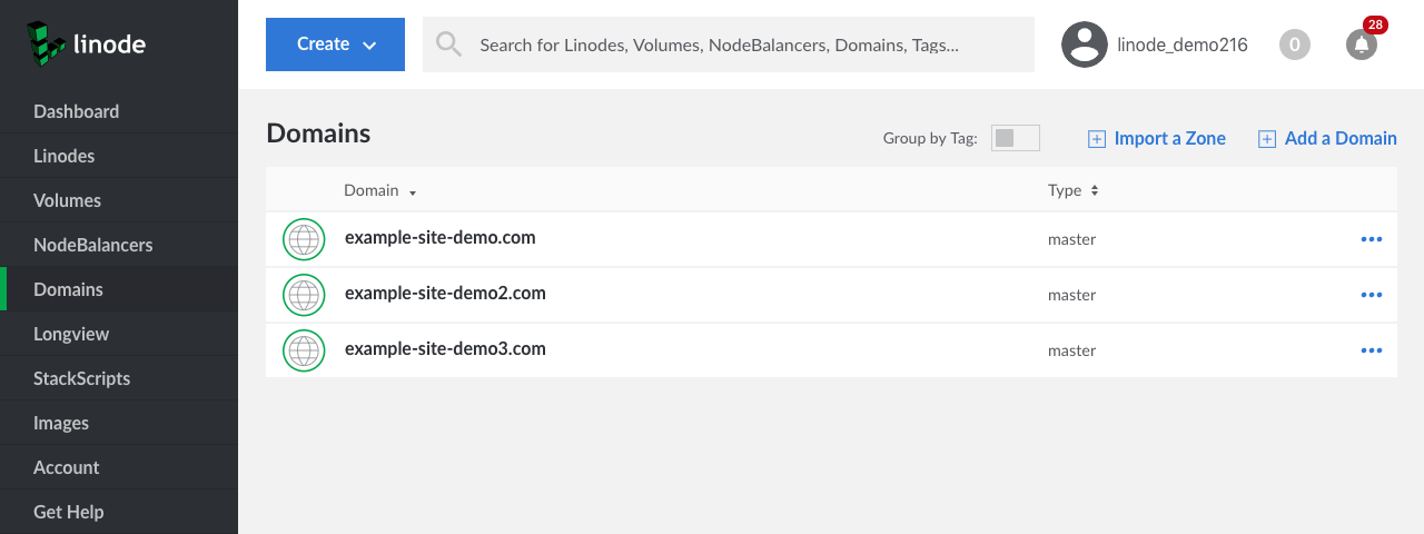 This page shows the Domains page with three different domain zones listed.