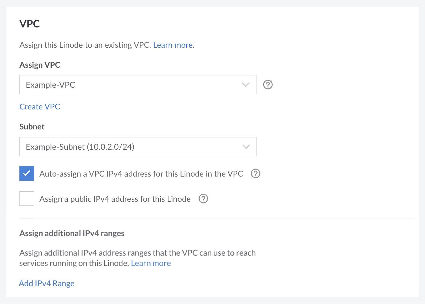 Screenshot of the VPC section of the Create Linode screen in the Cloud Manager
