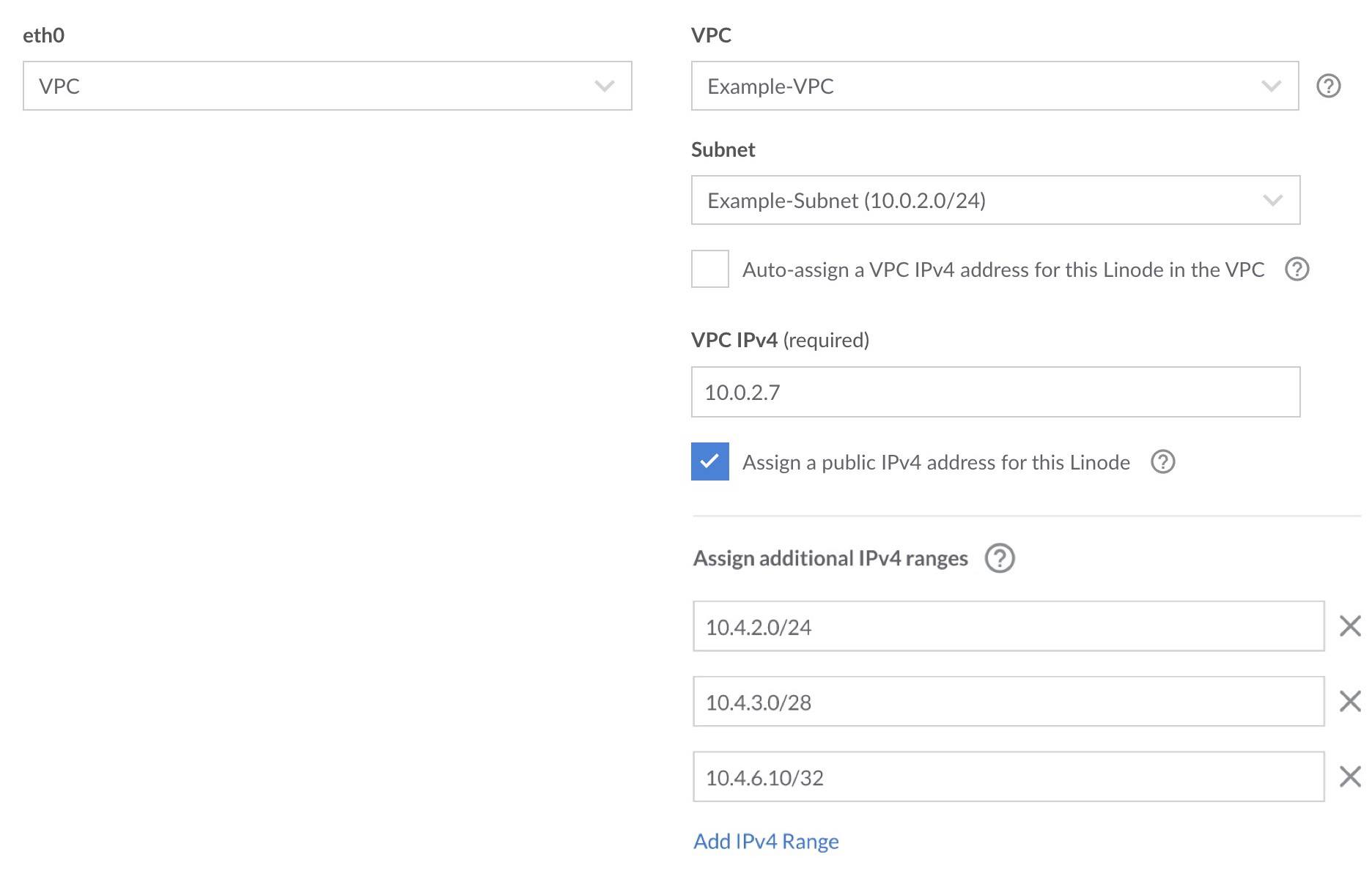 Screenshot of a VPC network interface in the Configuration Profile of a Compute Instance