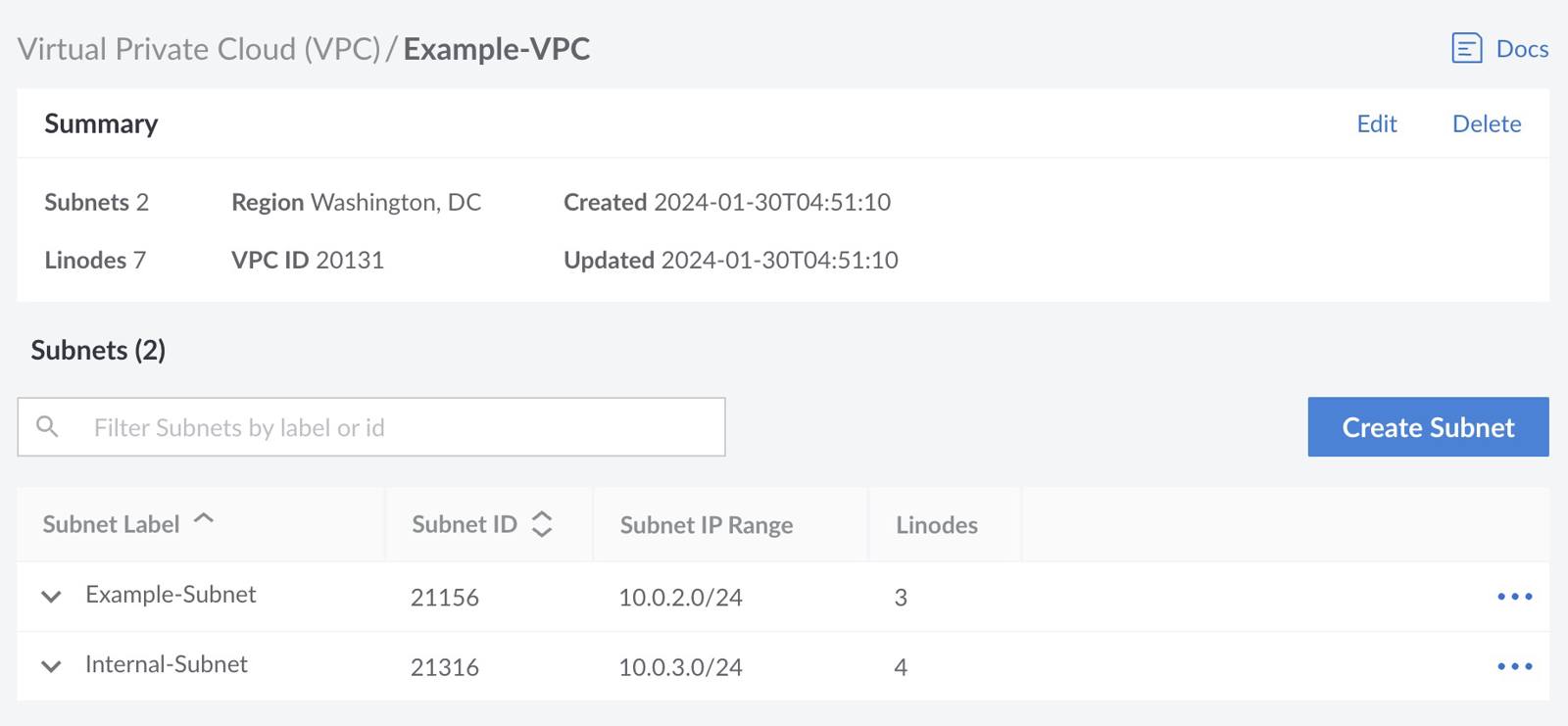 Screenshot of the VPC summary in the Cloud Manager