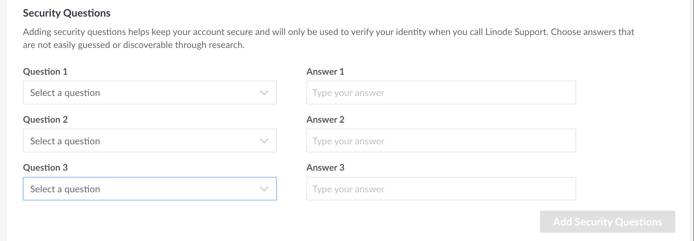 Screenshot of the Security Questions in Cloud Manager