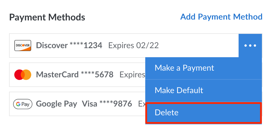 The Delete button within a payment method&rsquo;s dropdown menu