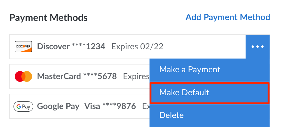 The Make Default button within a payment method&rsquo;s dropdown menu
