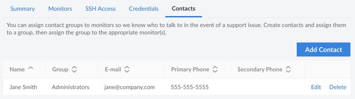 Screenshot of the Managed Services Contacts page in the Cloud Manager