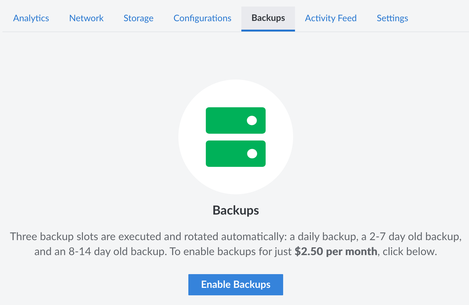 Enable Linode Backups by navigating to to the individual Linode&rsquo;s backup menu