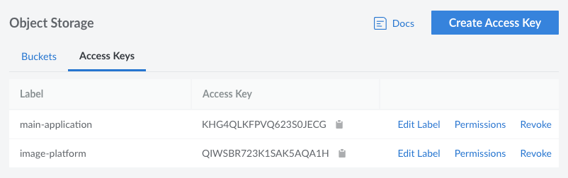 Viewing a list of access keys in the Cloud Manager