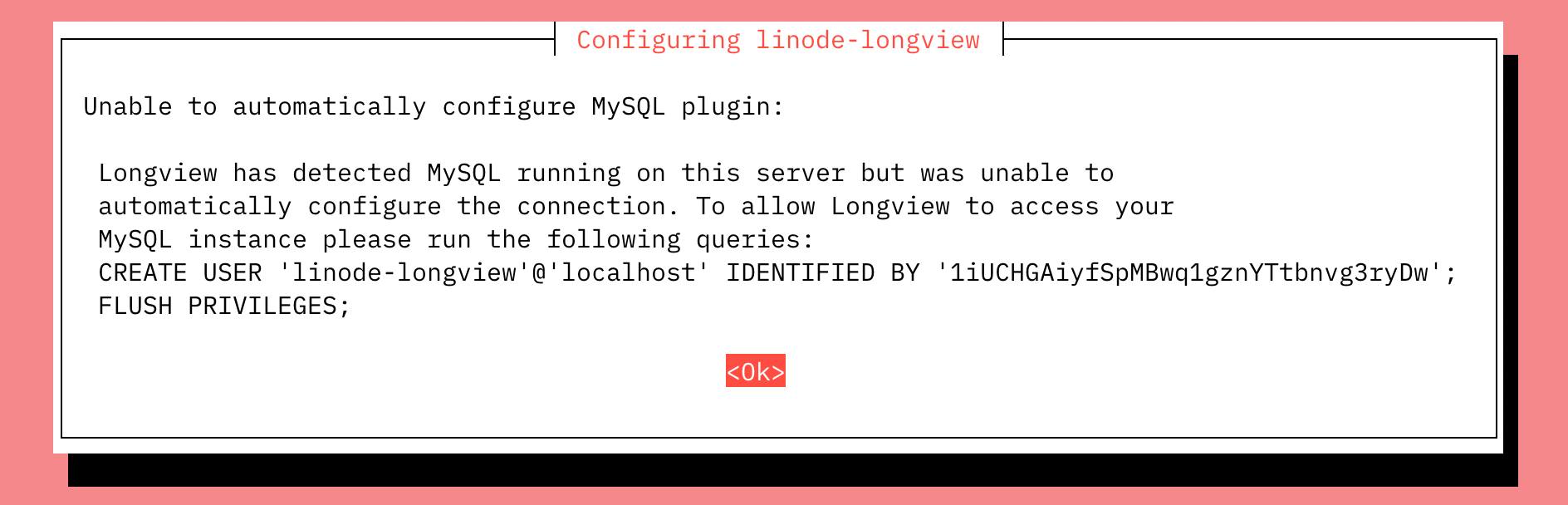 Screenshot of MySQL notice when configuring Longview