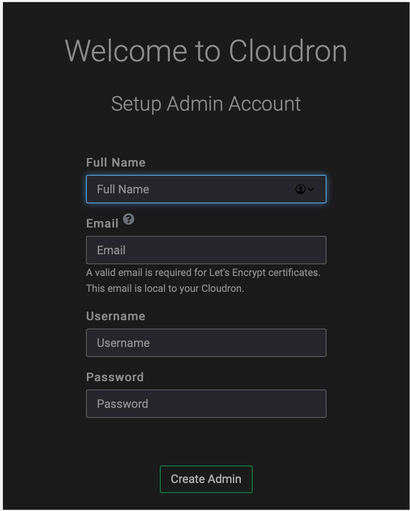 Cloudron Setup Admin Screen