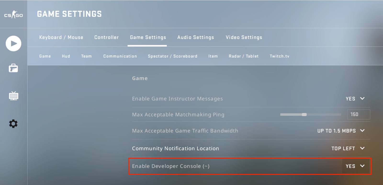 Enable the developer&rsquo;s console if it is not currently enabled.