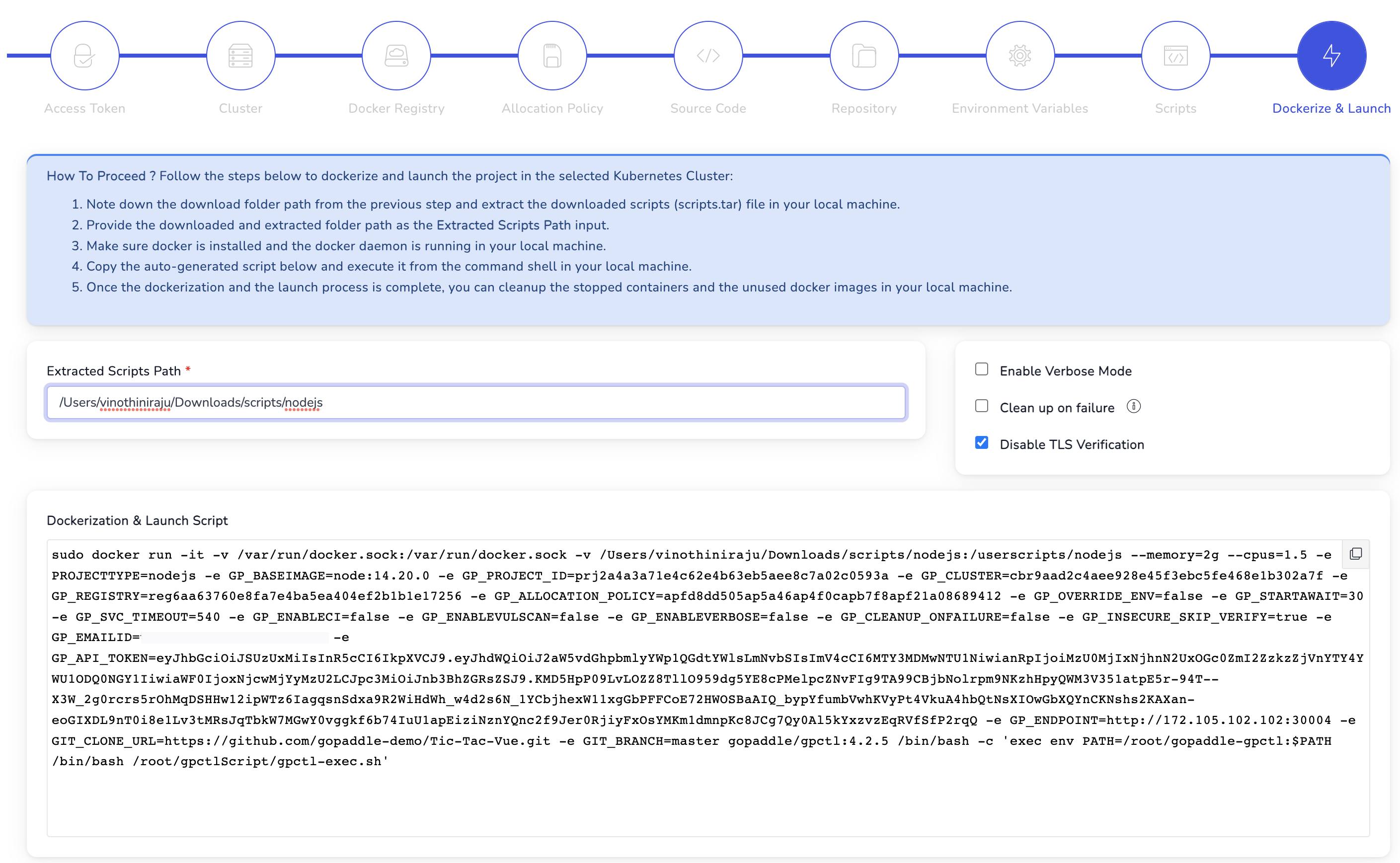 Screenshot of disabling gopaddle TLS