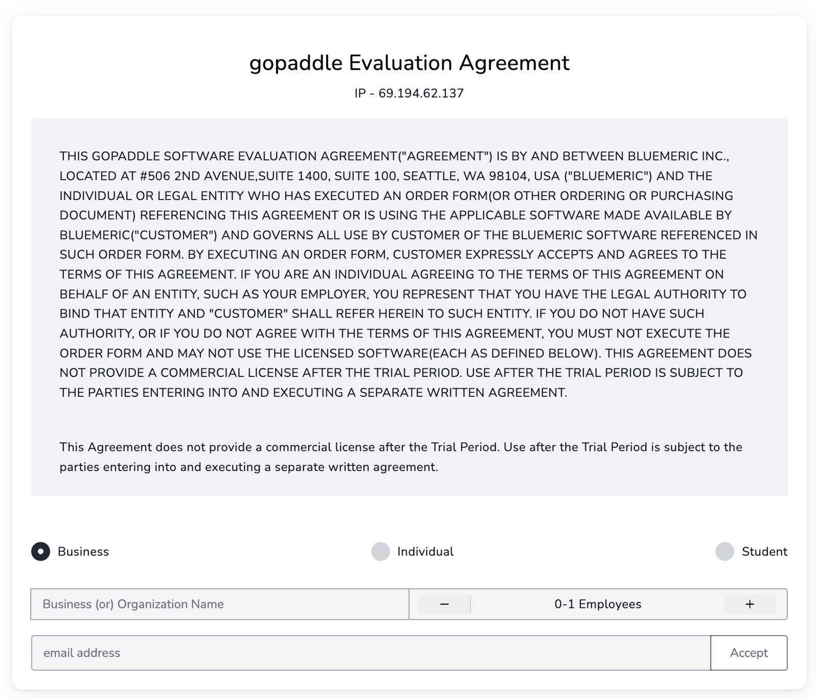 Screenshot of gopaddle evaluation agreement