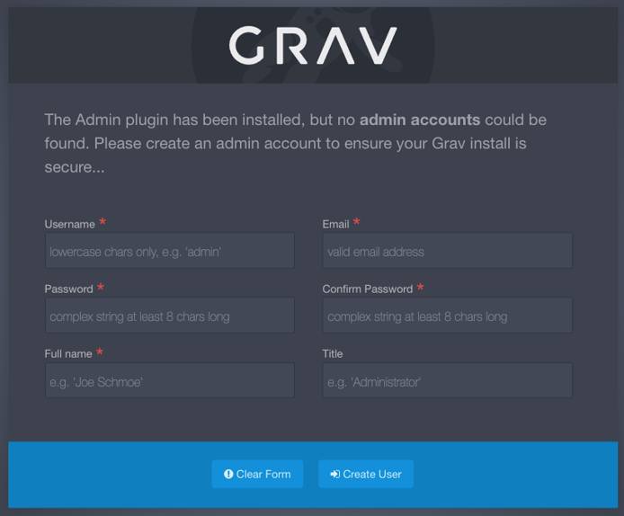 Screenshot of the Create Admin Account form in Grav