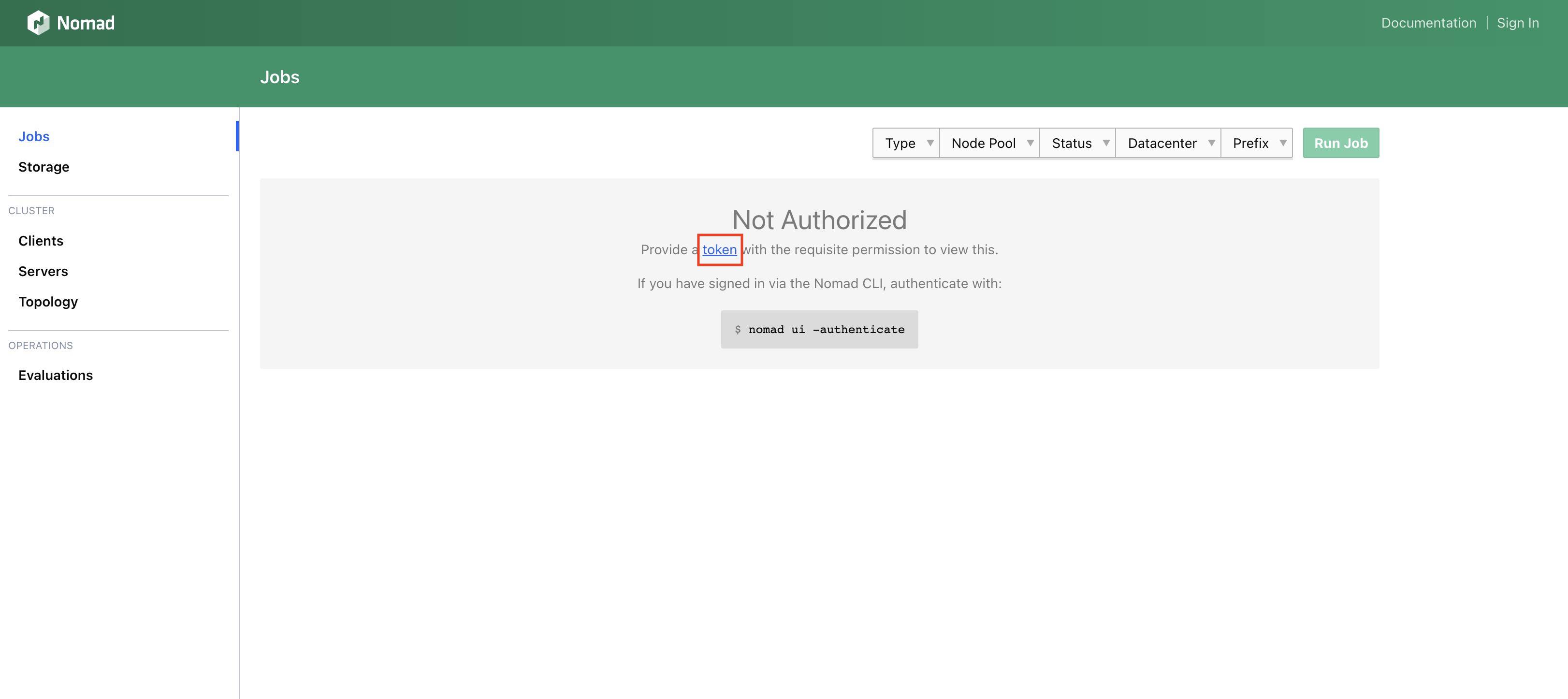 Captura de tela da tela de autenticação da interface do usuário do Nomad