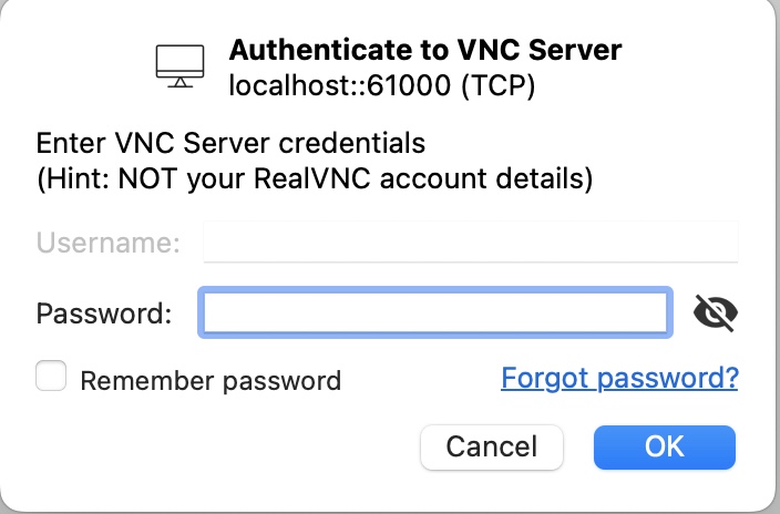 Screenshot of RealVNC password prompt