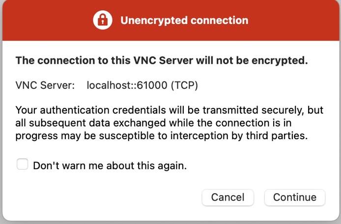 Screenshot of RealVNC unencrypted connection warning