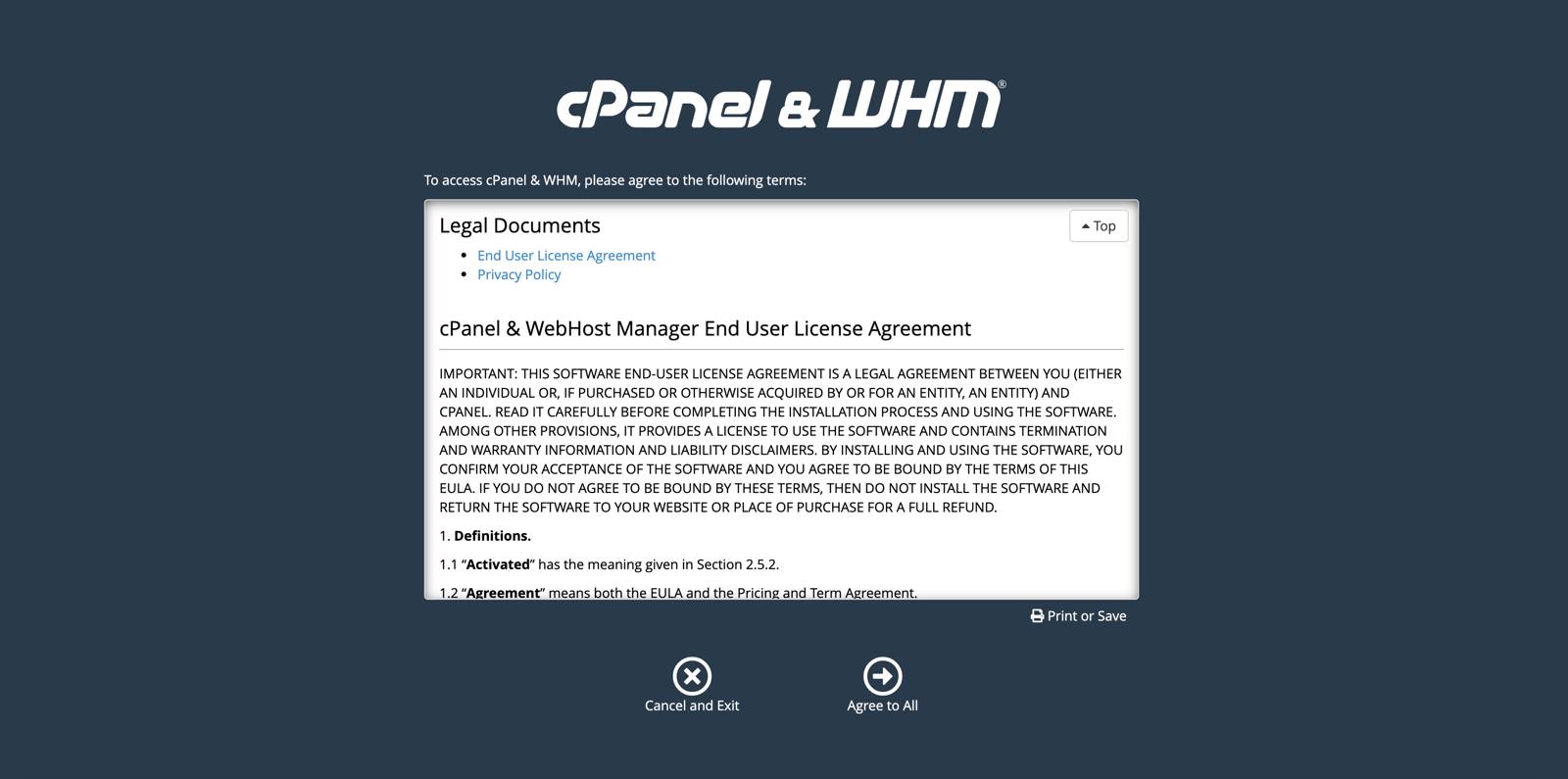 Agree to cPanel and WHM&rsquo;s terms