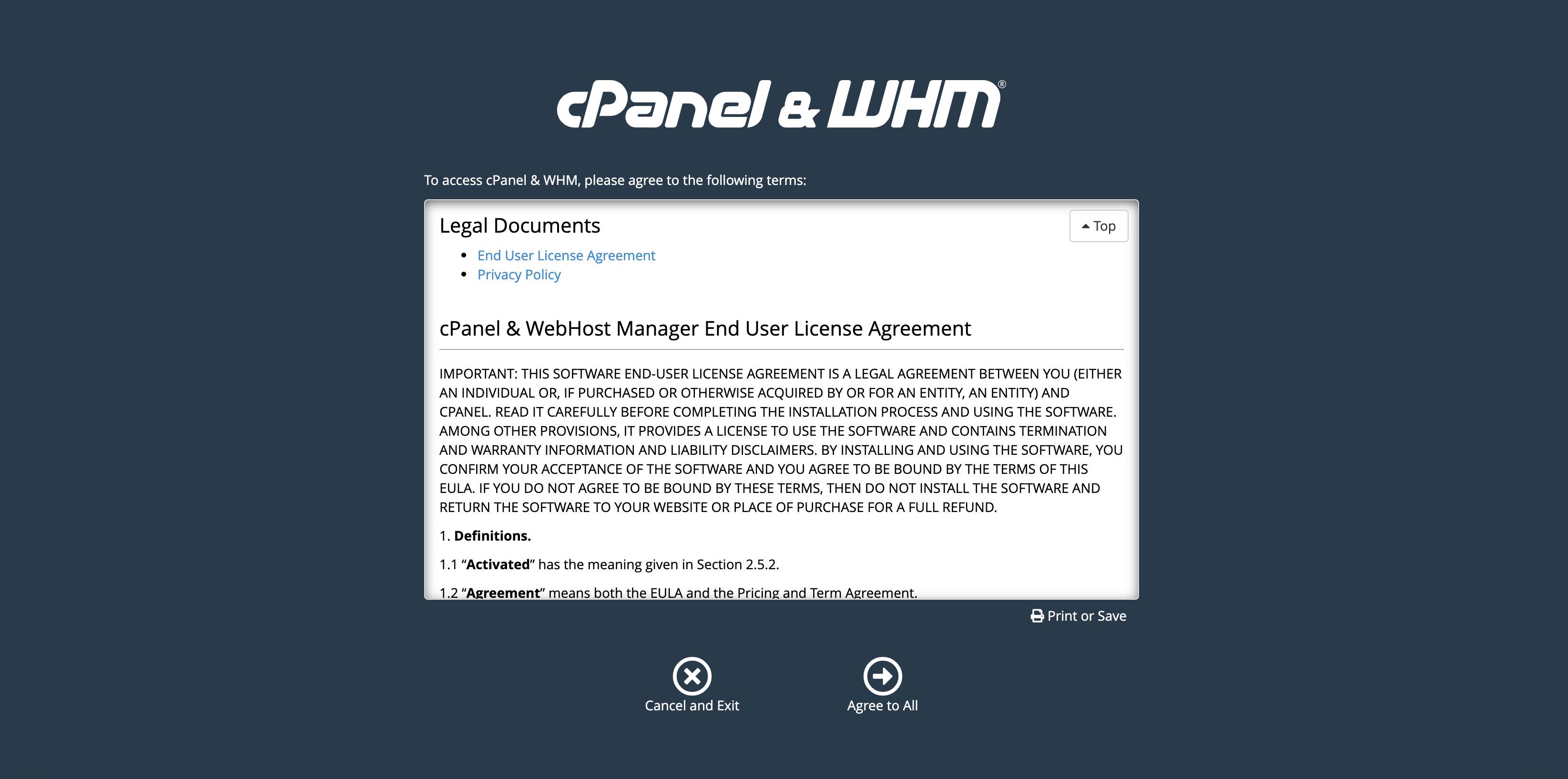 Agree to cPanel and WHM&rsquo;s terms