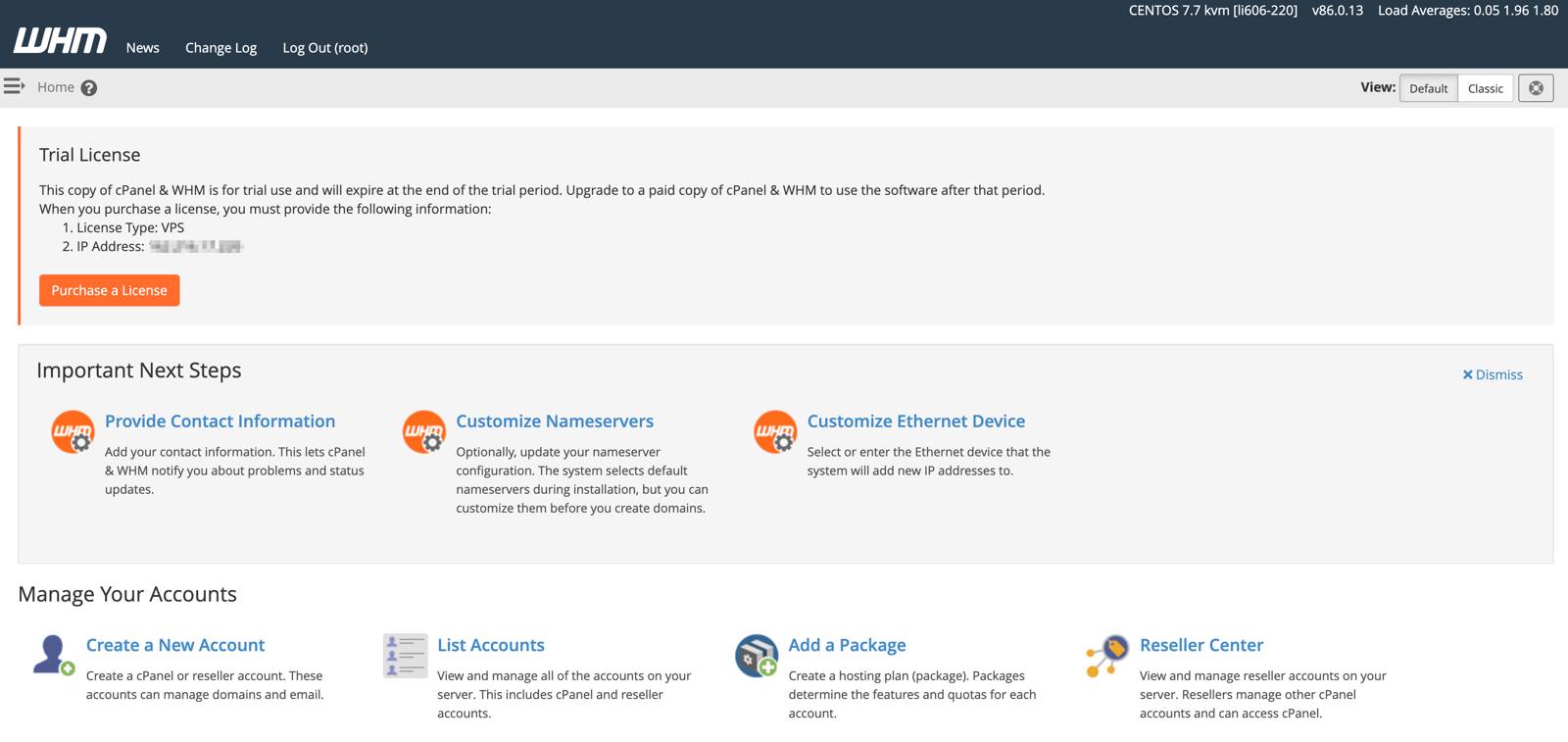 cPanel home page