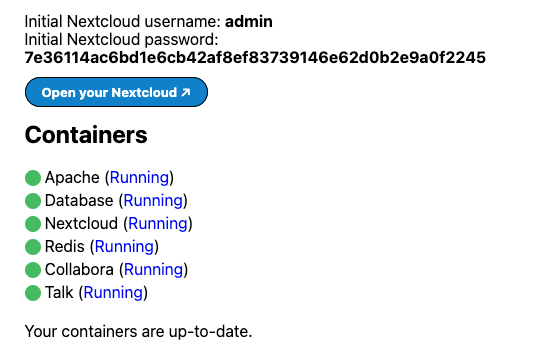 Screenshot of the Nextcloud admin credentials