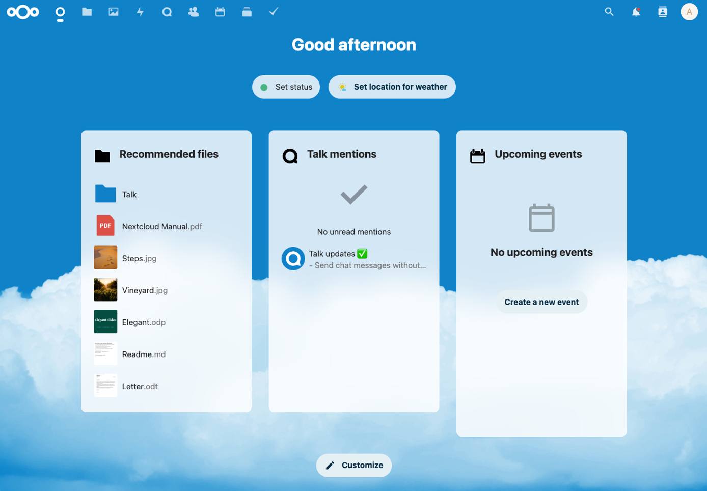 Screenshot of the main Nextcloud dashboard