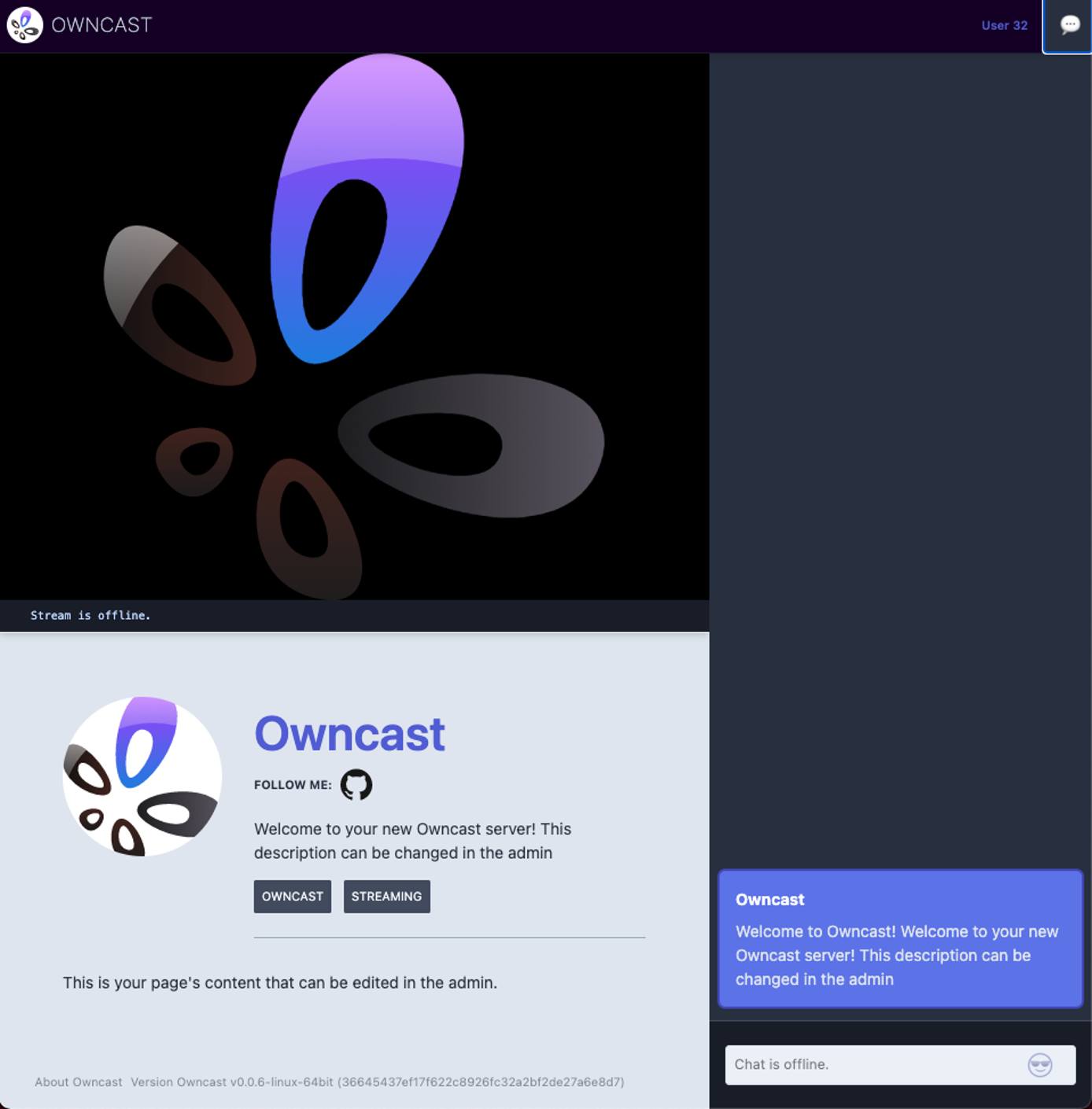 owncast.png &lsquo;The Owncast stream view&rsquo;