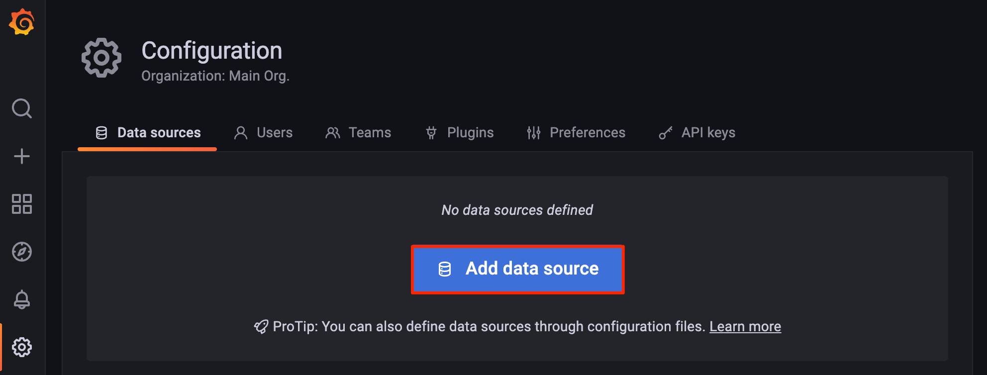 Screenshot of the Data sources page