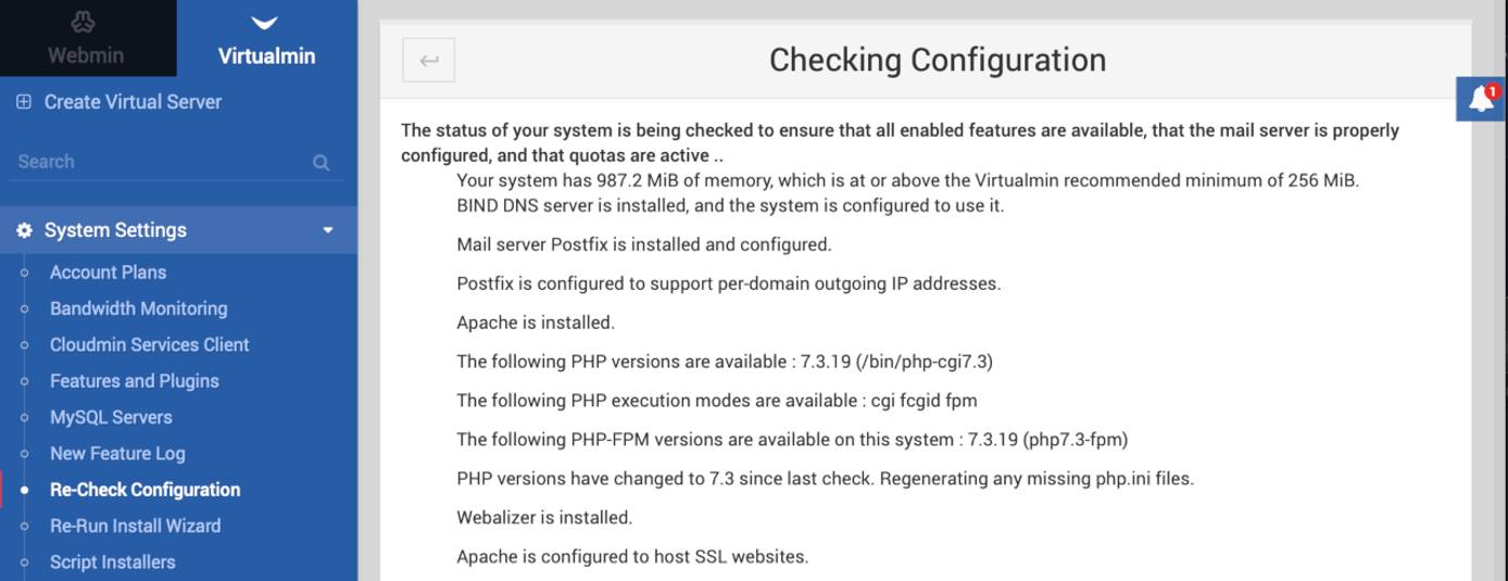 Virtualmin Check Configuration Results