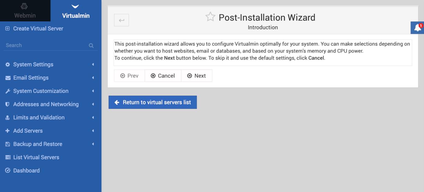Virtualmin Post-Installation Wizard