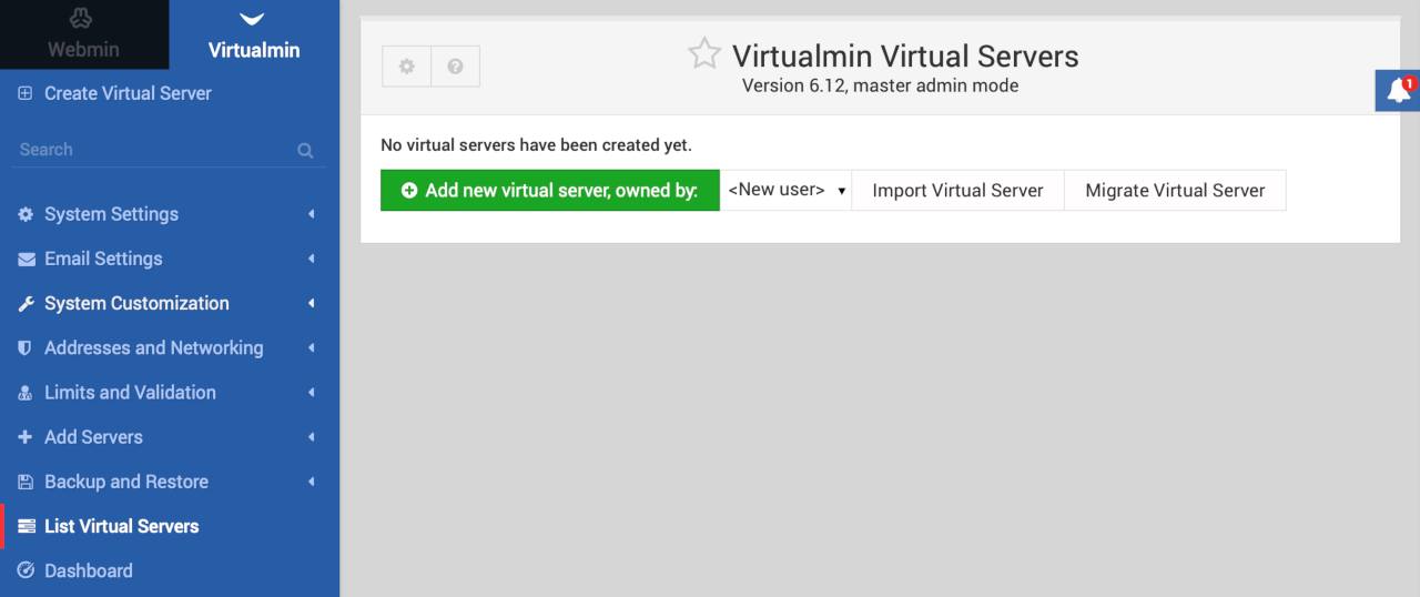 Virtualmin Virtual Servers Page