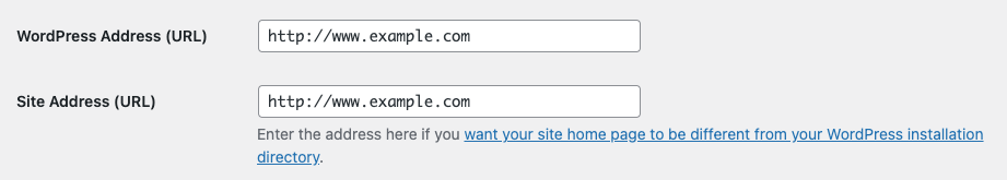 Screenshot of the WordPress/Site Address URL fields