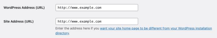 Screenshot of the WordPress/Site Address URL fields