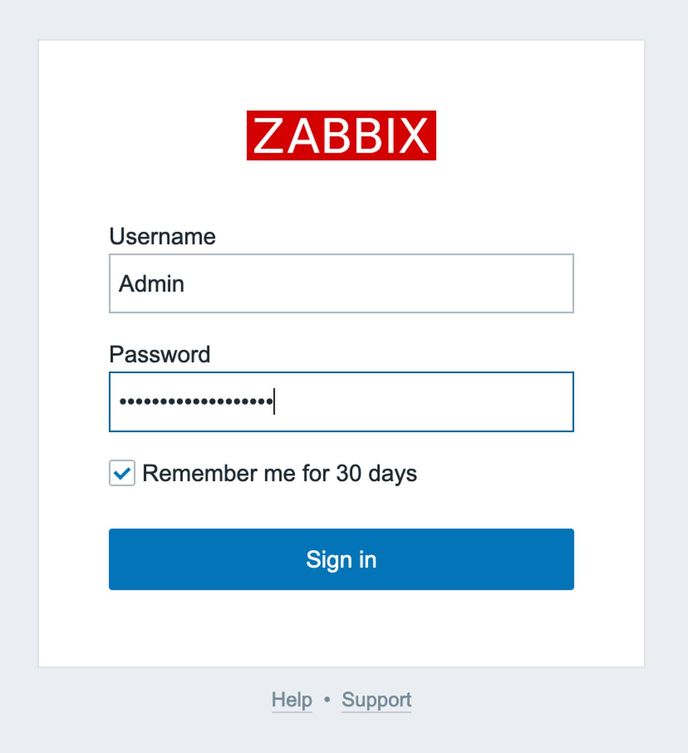 A screenshot of the Zabbix log in prompt