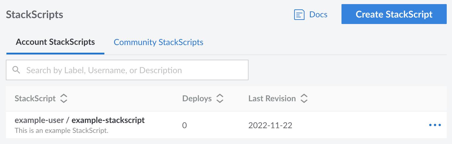Screenshot of the StackScripts page in Cloud Manager