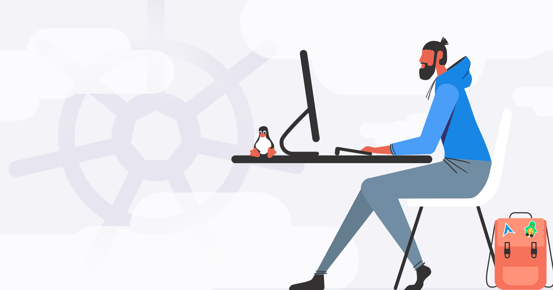 Eine Cartoon-Grafik einer Person an einem Computer mit dem Kubernetes-Logo im Hintergrund