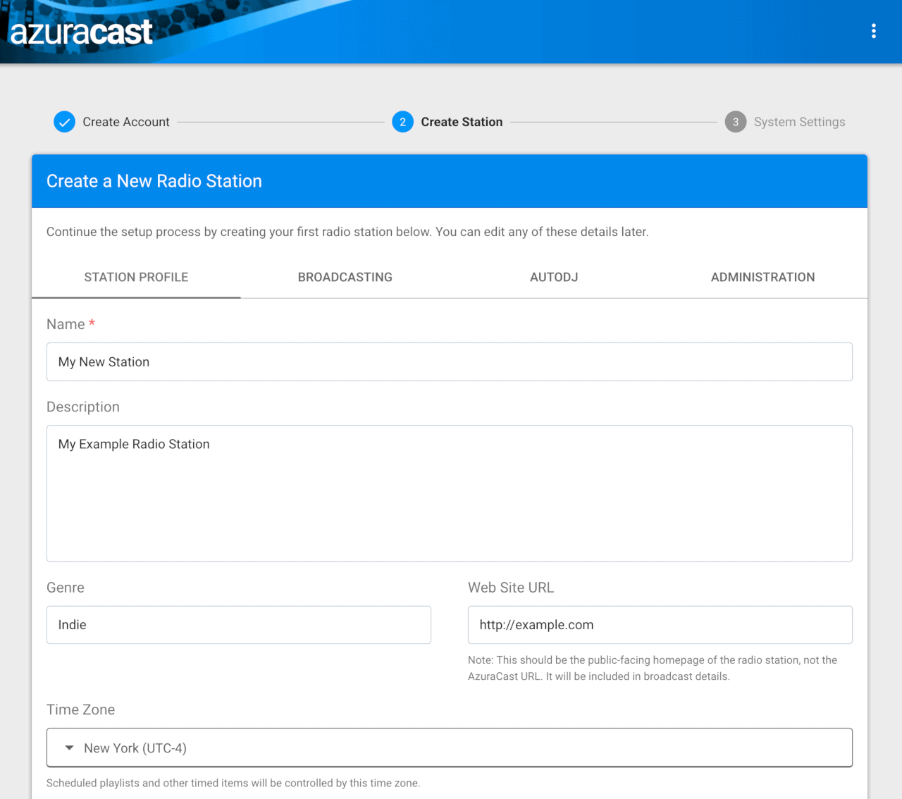 AzuraCast创建站的参考图像。