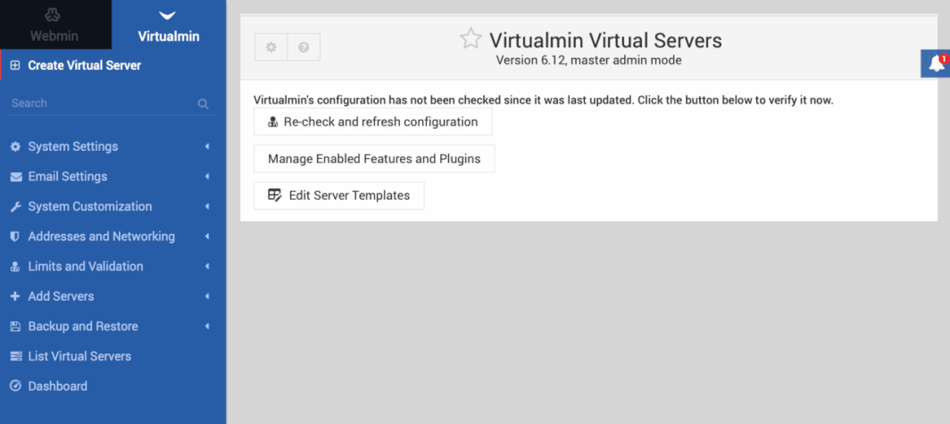 Virtualmin Virtual Servers control panel, seen after deploying Virtualmin One-Click App.