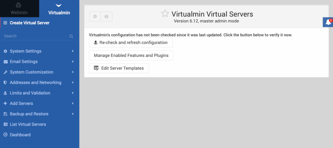 Painel de controle dos Servidores Virtualmin Virtualmin Virtual, visto após a implantação do Virtualmin One-Click App.