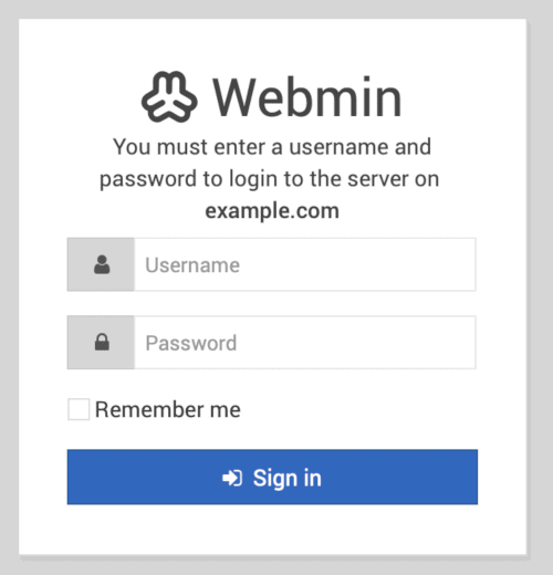 Virtualmin / Webmin log in screen após a implantação do Virtualmin One-Click App.