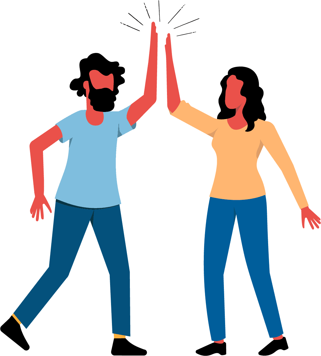 Two human adults using the common gesture of celebration or greeting in which two humans slap each other's open palm with their arms raised.