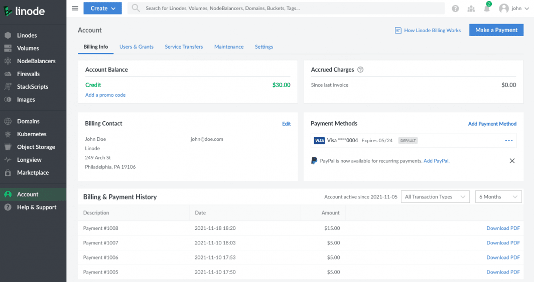 Screenshot der Abrechnungsinformationen im Linode Cloud Manager mit der neuen Option, PayPal hinzuzufügen. 