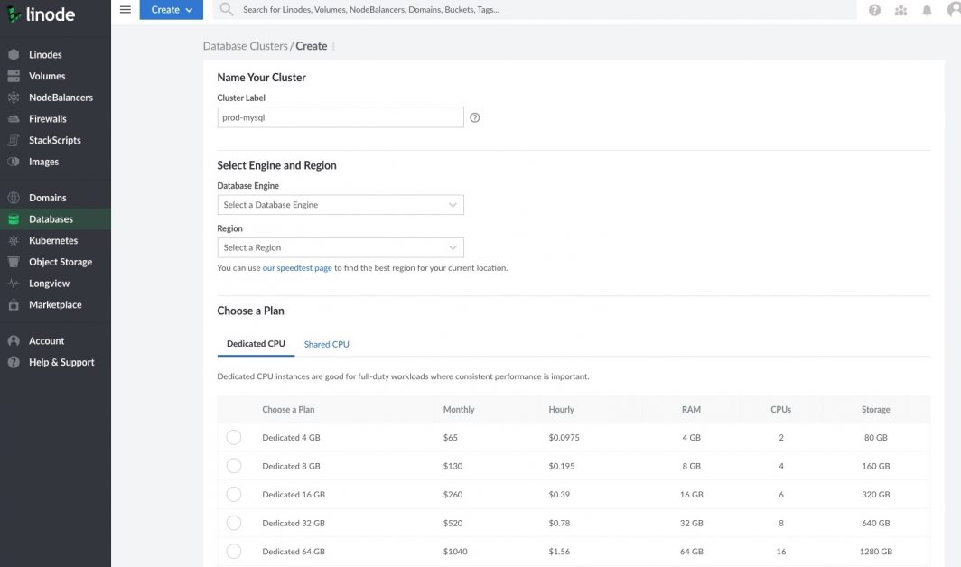 Screenshot of options to set up a  Managed MySQL Database in Linode's Cloud Manager 